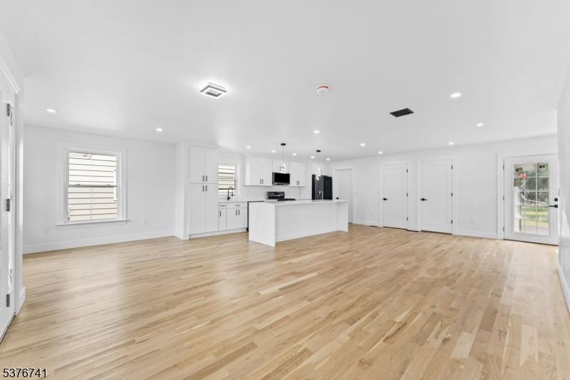 Empty room, Interior, Kitchen, Pendant Lights, Recessed Lighting, Wood Texture Flooring