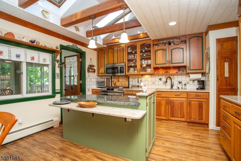 Interior, Kitchen, Pendant Lights, Recessed Lighting, Wooden Beams, Wood Texture Flooring