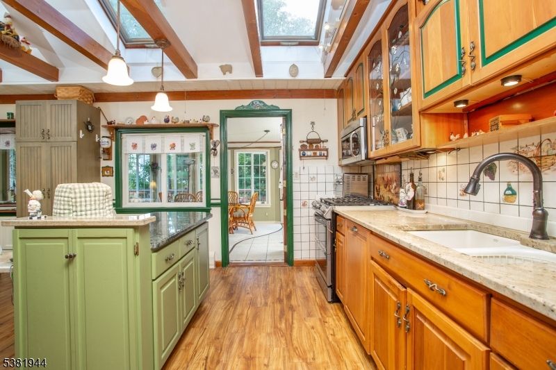 Interior, Kitchen, Pendant Lights, Wooden Beams, Wood Texture Flooring