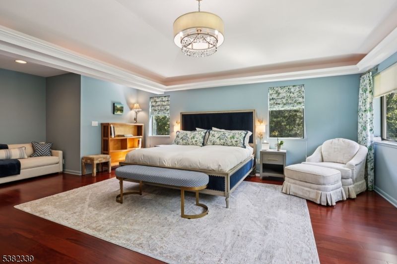 Bedroom, Chandelier, Interior, Recessed Lighting, Wood Texture Flooring