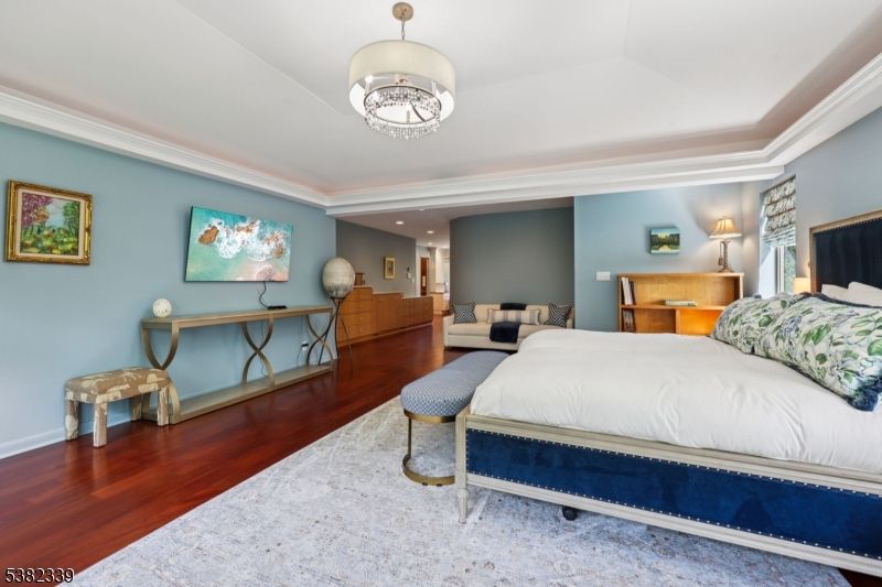Bedroom, Chandelier, Interior, Recessed Lighting, Wood Texture Flooring