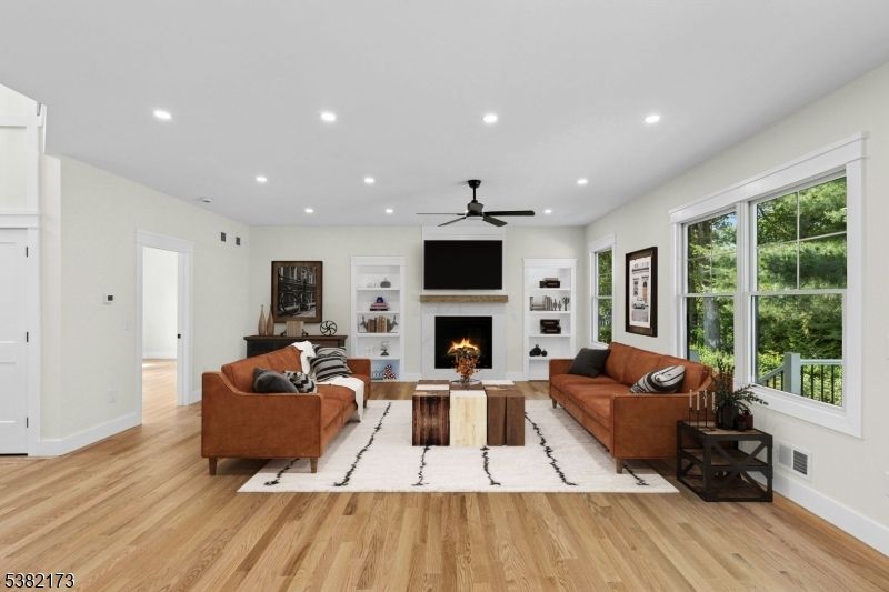 Fireplace, Interior, Living room, Recessed Lighting, Wood Texture Flooring
