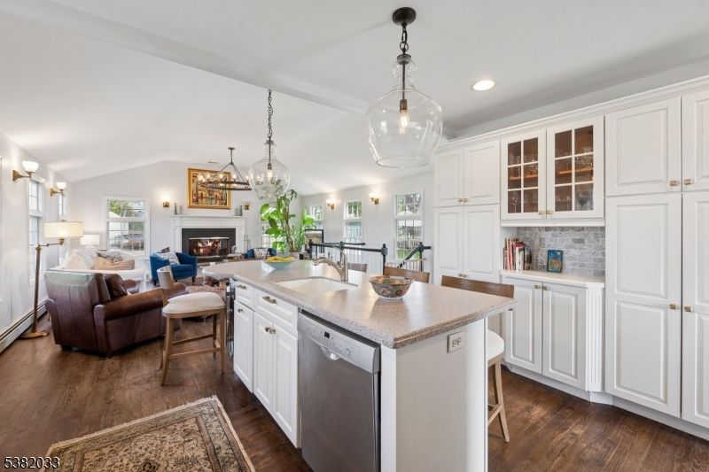 Fireplace, Interior, Kitchen, Living room, Pendant Lights, Recessed Lighting, Wood Texture Flooring