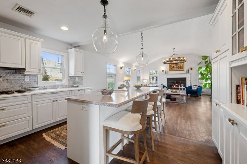 Fireplace, Interior, Kitchen, Living room, Pendant Lights, Recessed Lighting, Wood Texture Flooring
