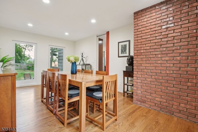 Dining room, Interior, Recessed Lighting, Stone Walls, Wood Texture Flooring