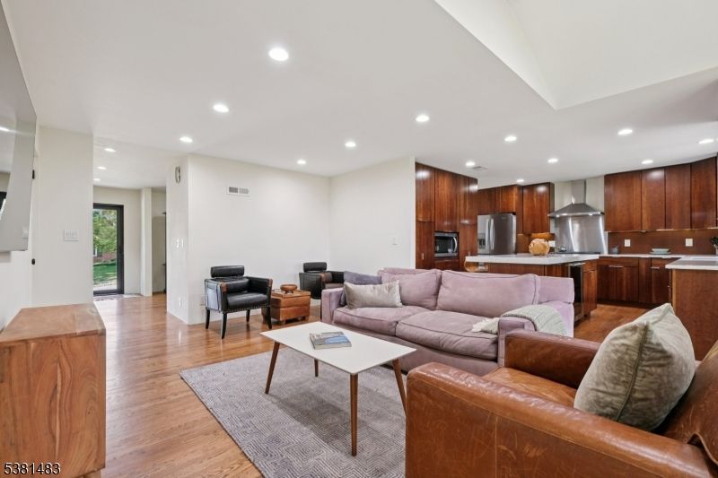 Interior, Kitchen, Living room, Recessed Lighting, Stainless Steel Appliances, Wood Texture Flooring