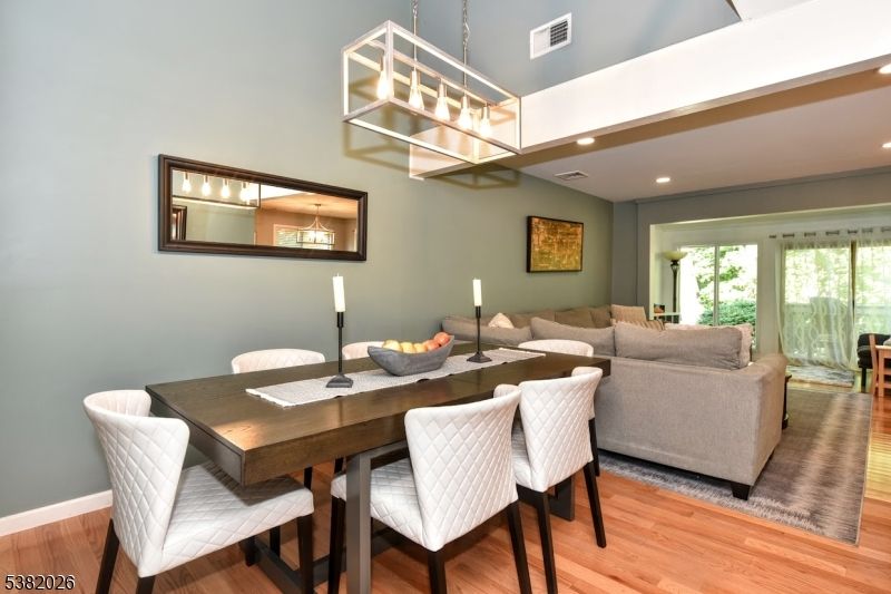 Dining room, Interior, Living room, Recessed Lighting, Wood Texture Flooring
