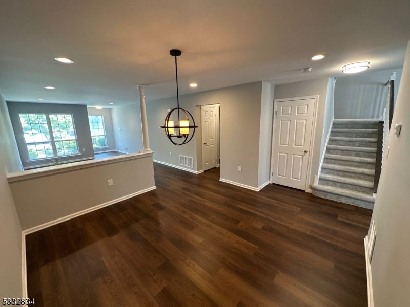 Empty room, Interior, Pendant Lights, Recessed Lighting, Wood Texture Flooring