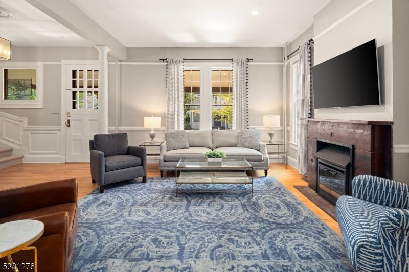 Fireplace, Interior, Living room, Recessed Lighting, Wood Texture Flooring