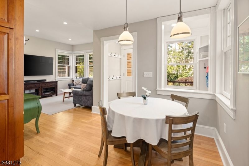 Dining room, Interior, Pendant Lights, Recessed Lighting, Wood Texture Flooring