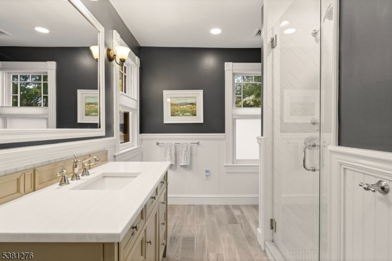 Bathroom, Glass Shower, Interior, Recessed Lighting, Wood Texture Flooring