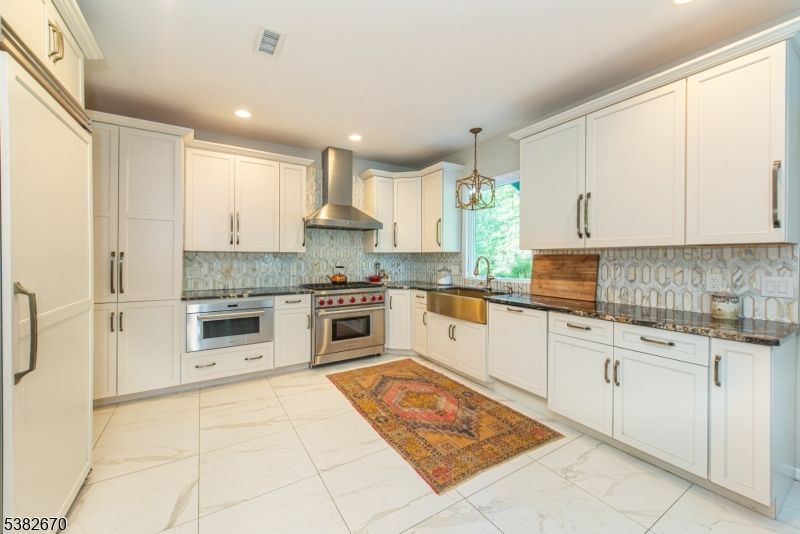 Interior, Kitchen, Marble, Pendant Lights, Recessed Lighting, Stainless Steel Appliances