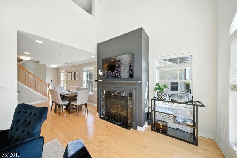 Dining room, Fireplace, Interior, Recessed Lighting, Wood Texture Flooring