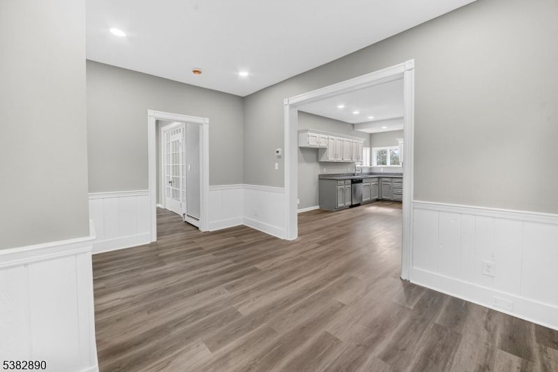 Empty room, Interior, Kitchen, Recessed Lighting, Wood Texture Flooring