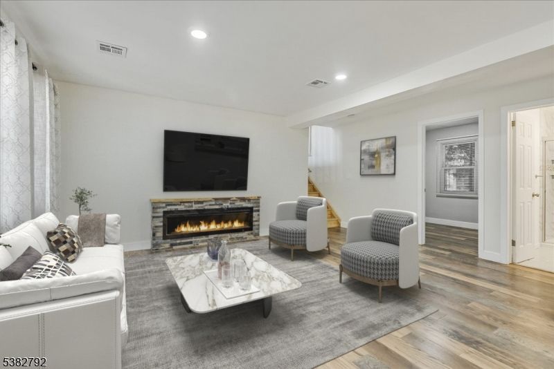 Fireplace, Interior, Living room, Recessed Lighting, Wood Texture Flooring