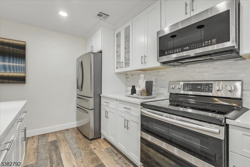 Interior, Kitchen, Recessed Lighting, Stainless Steel Appliances, Wood Texture Flooring