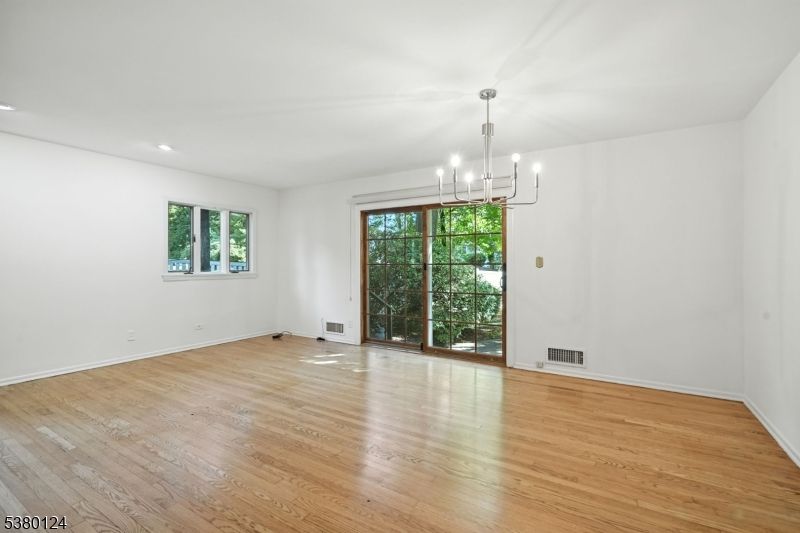 Chandelier, Empty room, Interior, Pendant Lights, Recessed Lighting, Wood Texture Flooring