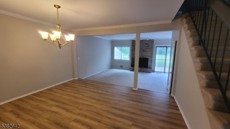 Chandelier, Empty room, Interior, Stone Walls, Wood Texture Flooring
