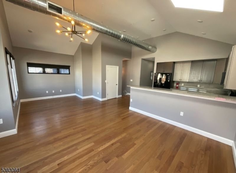 Empty room, Interior, Kitchen, Pendant Lights, Wood Texture Flooring