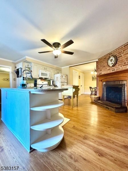 Fireplace, Interior, Kitchen, Stone Walls, Wood Texture Flooring