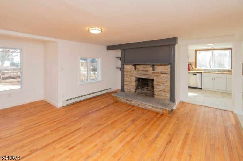 Empty room, Fireplace, Interior, Kitchen, Stone Walls, Wood Texture Flooring