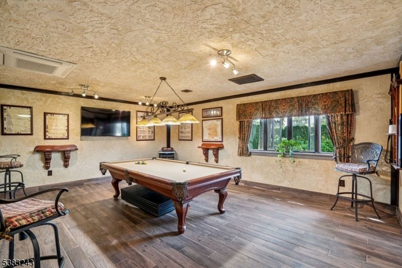 Billiard Table, Chandelier, Game Room, Interior, Wood Texture Flooring