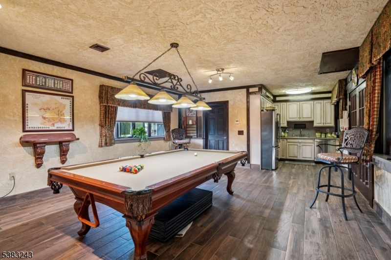 Billiard Table, Chandelier, Game Room, Interior, Kitchen, Wood Texture Flooring
