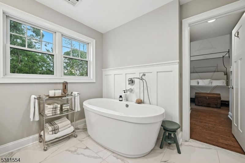 Bathroom, Bedroom, Free Standing Baths, Interior, Marble, Recessed Lighting, Wood Texture Flooring
