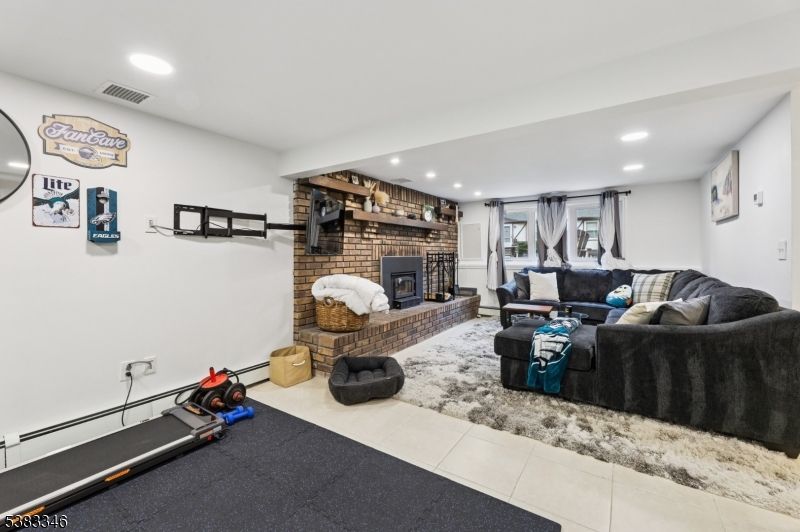 Fireplace, Interior, Living room, Recessed Lighting, Stone Walls