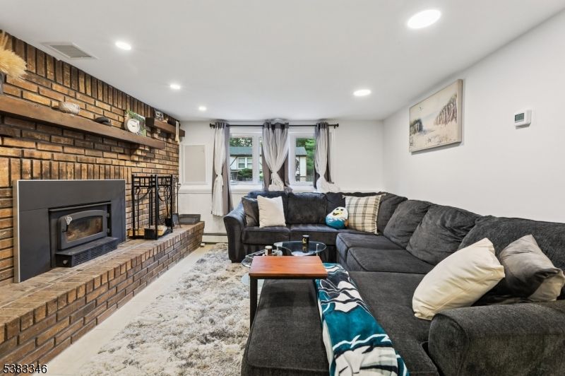 Fireplace, Interior, Living room, Recessed Lighting, Stone Walls