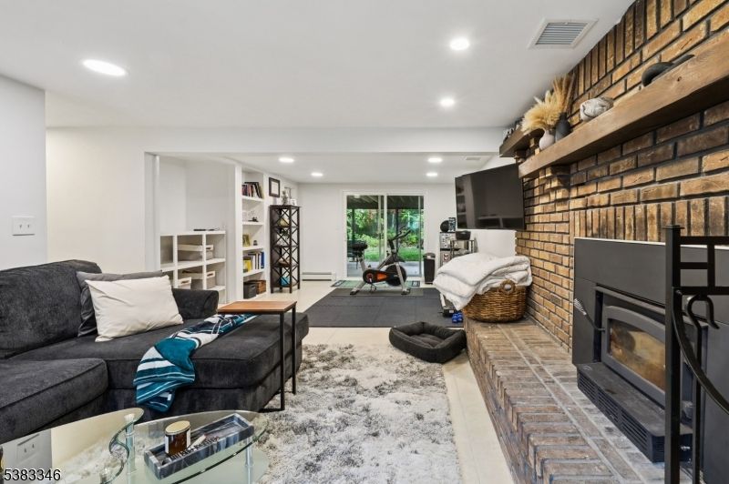 Fireplace, Interior, Living room, Recessed Lighting, Stone Walls