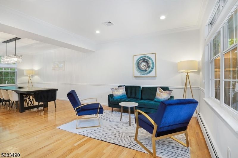 Dining room, Interior, Living room, Pendant Lights, Recessed Lighting, Wood Texture Flooring