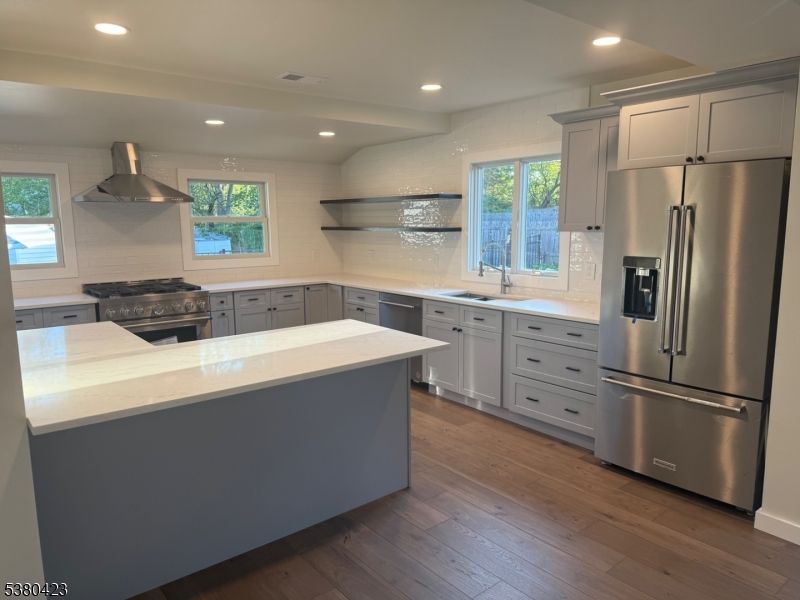 Interior, Kitchen, Recessed Lighting, Stainless Steel Appliances, Wood Texture Flooring