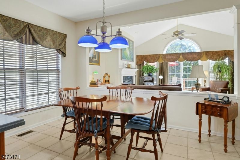 Dining room, Fireplace, Interior, Pendant Lights