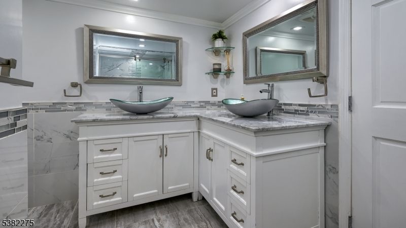 Bathroom, Dual Sink Vanities, Interior, Recessed Lighting, Wood Texture Flooring