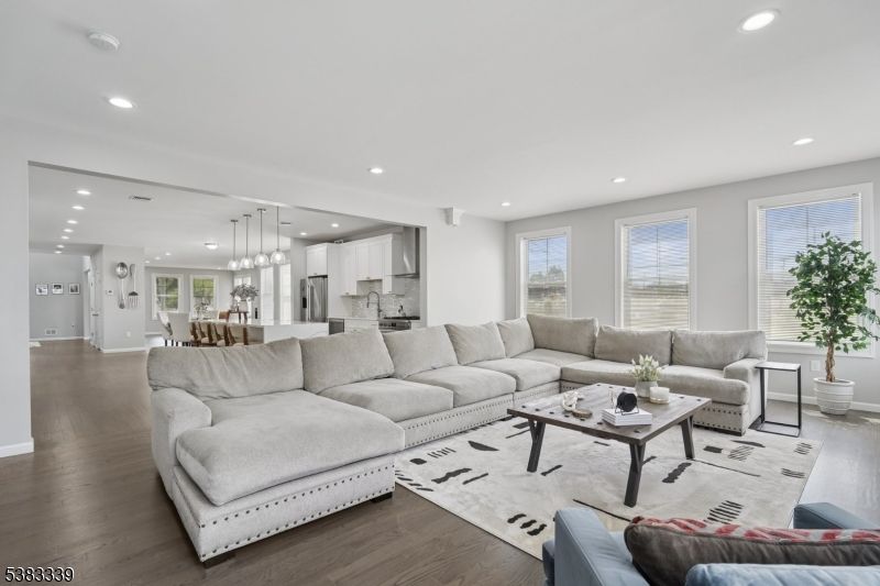 Dining room, Interior, Kitchen, Living room, Pendant Lights, Recessed Lighting, Stainless Steel Appliances, Wood Texture Flooring
