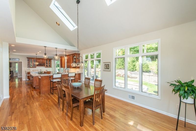 Dining room, Interior, Kitchen, Pendant Lights, Recessed Lighting, Wood Texture Flooring