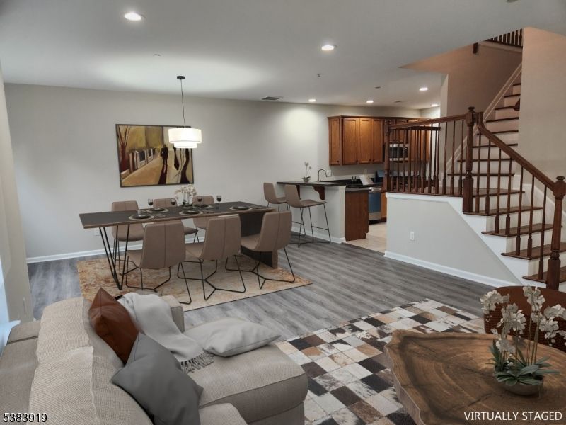 Dining room, Interior, Kitchen, Pendant Lights, Recessed Lighting, Wood Texture Flooring