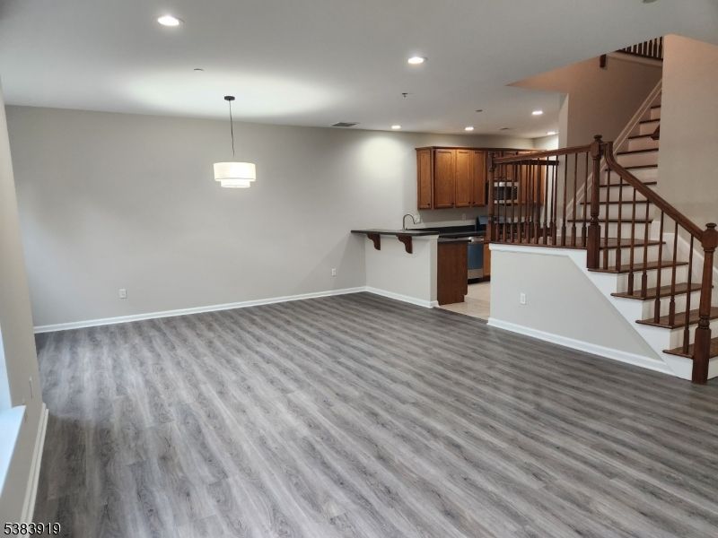 Empty room, Interior, Kitchen, Pendant Lights, Recessed Lighting, Wood Texture Flooring