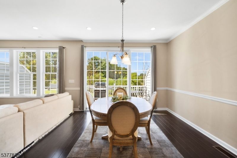 Chandelier, Dining room, Interior, Pendant Lights, Recessed Lighting, Wood Texture Flooring