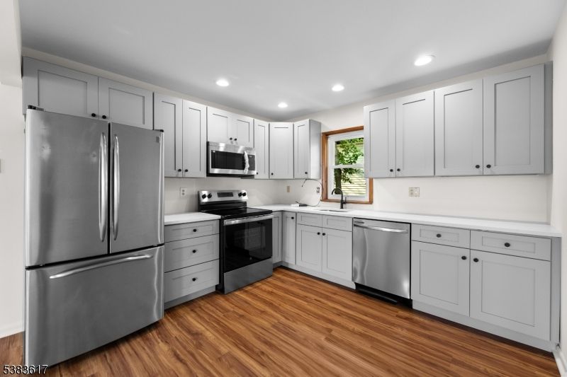 Interior, Kitchen, Recessed Lighting, Stainless Steel Appliances, Wood Texture Flooring