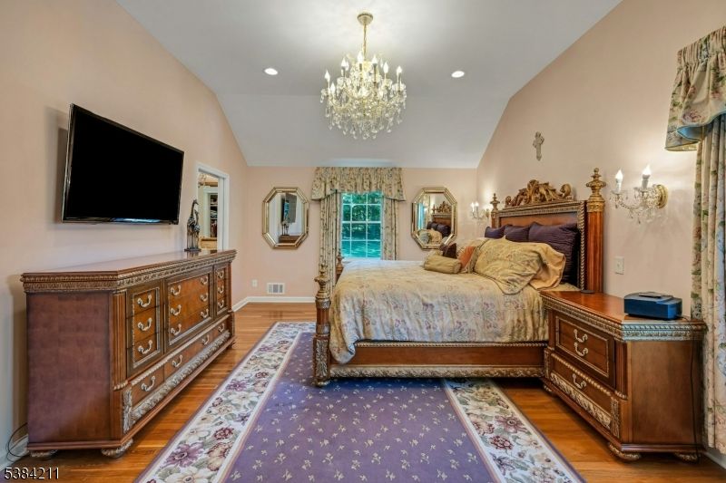 Bedroom, Chandelier, Interior, Recessed Lighting, Wood Texture Flooring