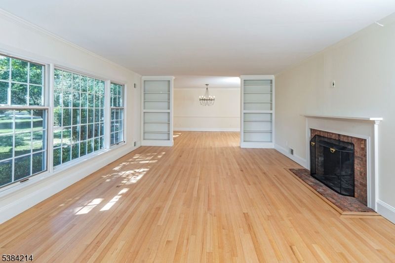 Chandelier, Empty room, Fireplace, Interior, Wood Texture Flooring
