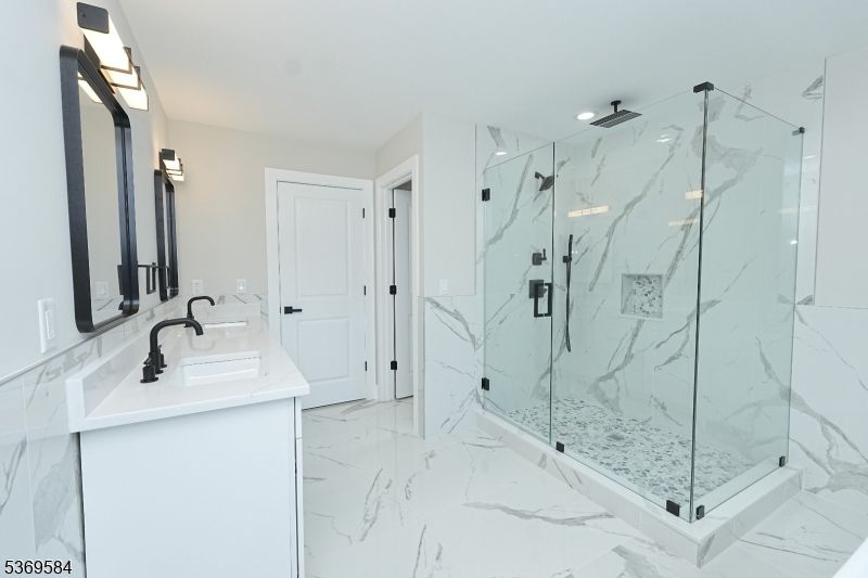 Bathroom, Glass Shower, Interior, Marble, Marble Walls, Recessed Lighting