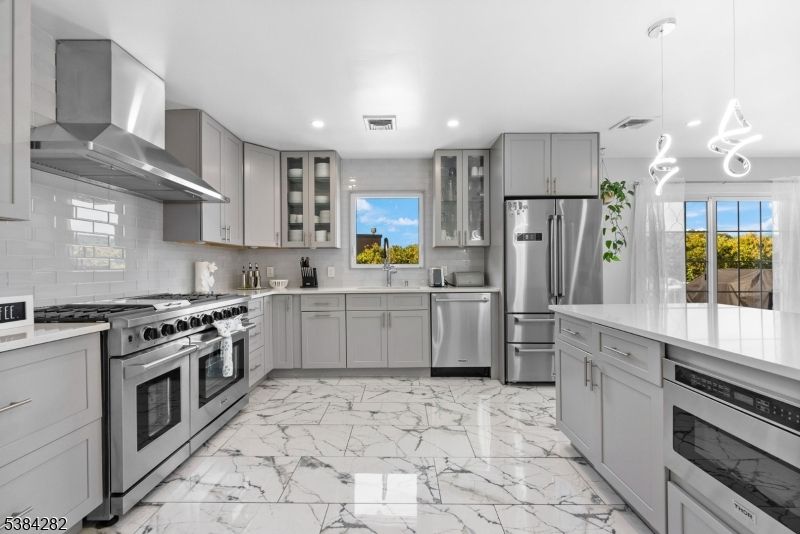 Interior, Kitchen, Marble, Pendant Lights, Recessed Lighting, Stainless Steel Appliances