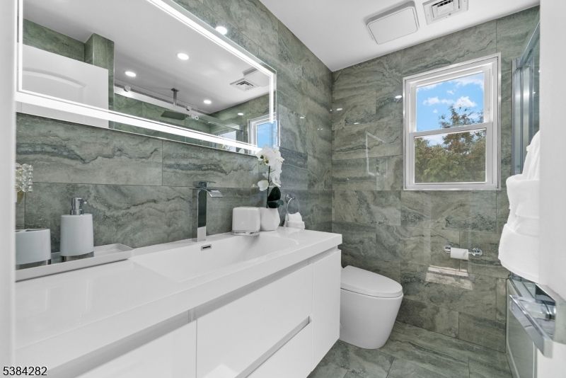 Bathroom, Glass Shower, Interior, Marble Walls, Recessed Lighting