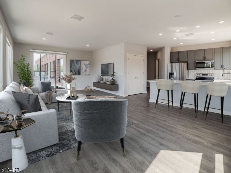 Interior, Kitchen, Living room, Recessed Lighting, Stainless Steel Appliances, Wood Texture Flooring