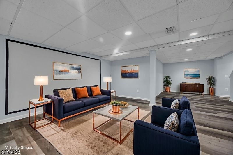 Interior, Living room, Projection Screen, Recessed Lighting, Wood Texture Flooring