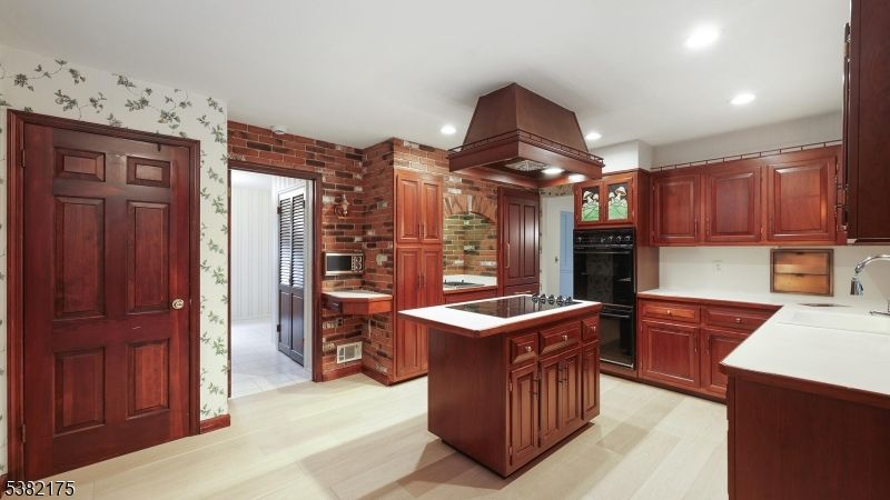 Interior, Kitchen, Recessed Lighting, Stone Walls, Wood Texture Flooring