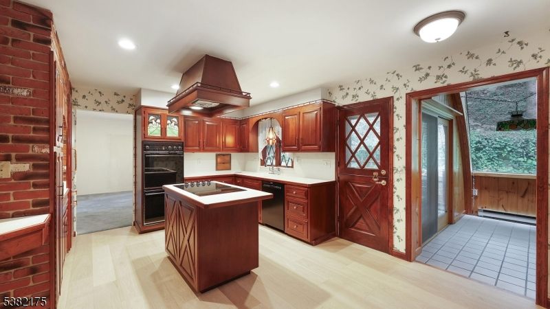 Interior, Kitchen, Recessed Lighting, Stone Walls, Wood Texture Flooring